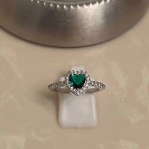 Silver CZ and Emerald Adjustable Heart Ring
